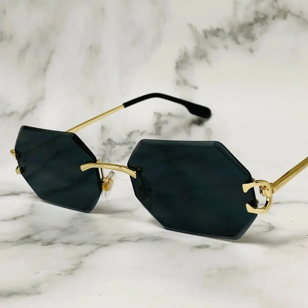 Men Sunglasses Dark Black Lens Rimless Fashion Retro‎ Shades Gold Metal Lentes